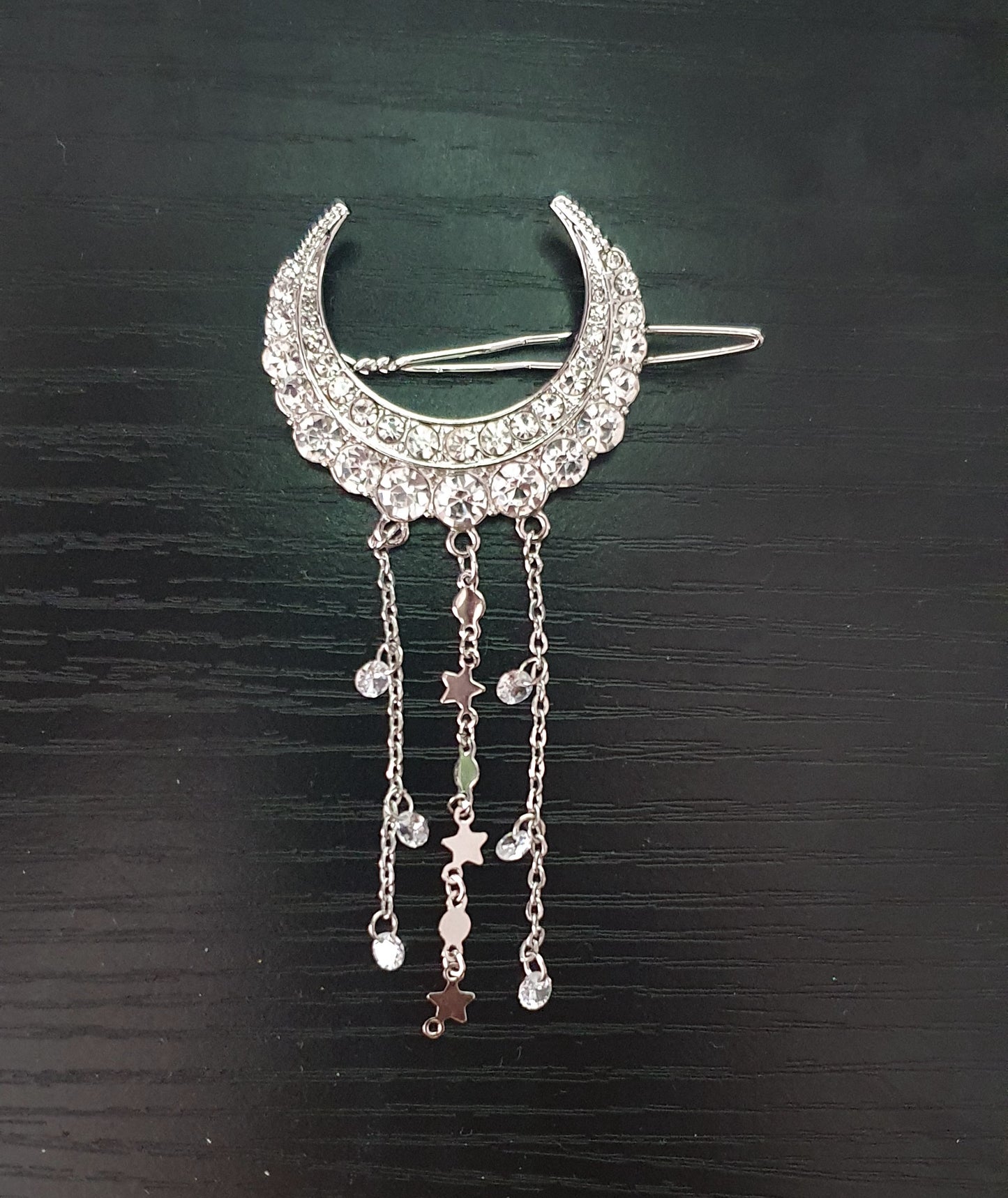 Cubic zirconia crescent moon with star and gem chain tassels hair clip