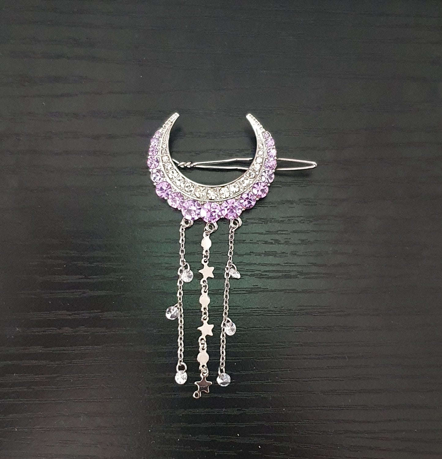 Cubic zirconia crescent moon with star and gem chain tassels hair clip