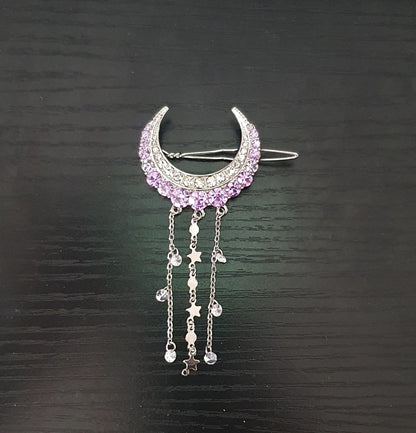 Cubic zirconia crescent moon with star and gem chain tassels hair clip