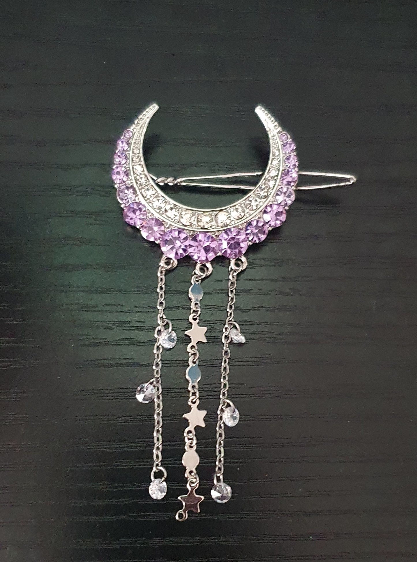 Cubic zirconia crescent moon with star and gem chain tassels hair clip