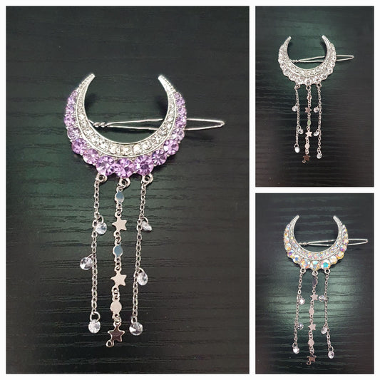 Cubic zirconia crescent moon with star and gem chain tassels hair clip