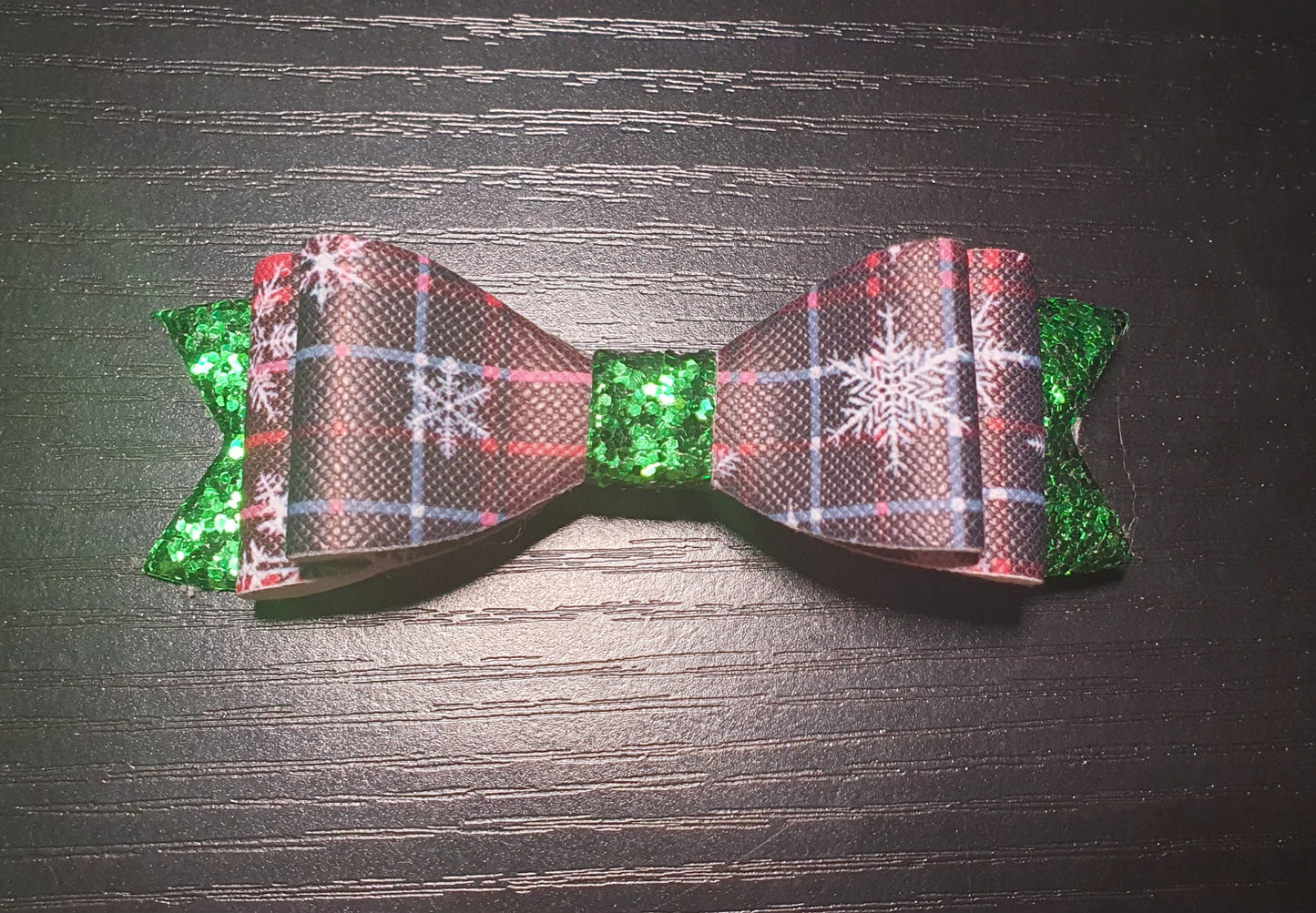 Snow flake tartan and glittery green hair bow