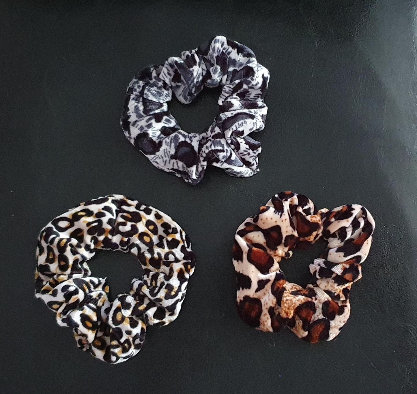 Velvet animal print scrunchie trio set