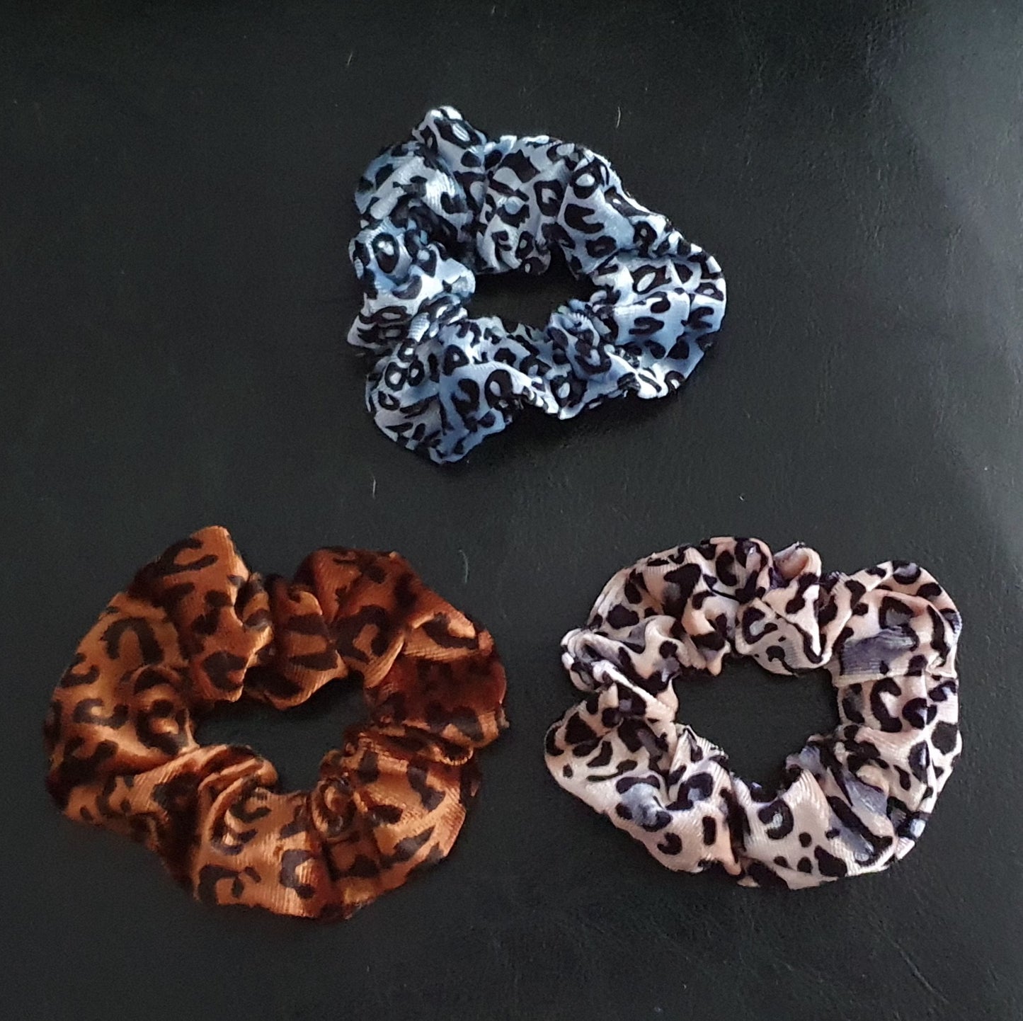 Trio set of velvet animal print hair scrunchies