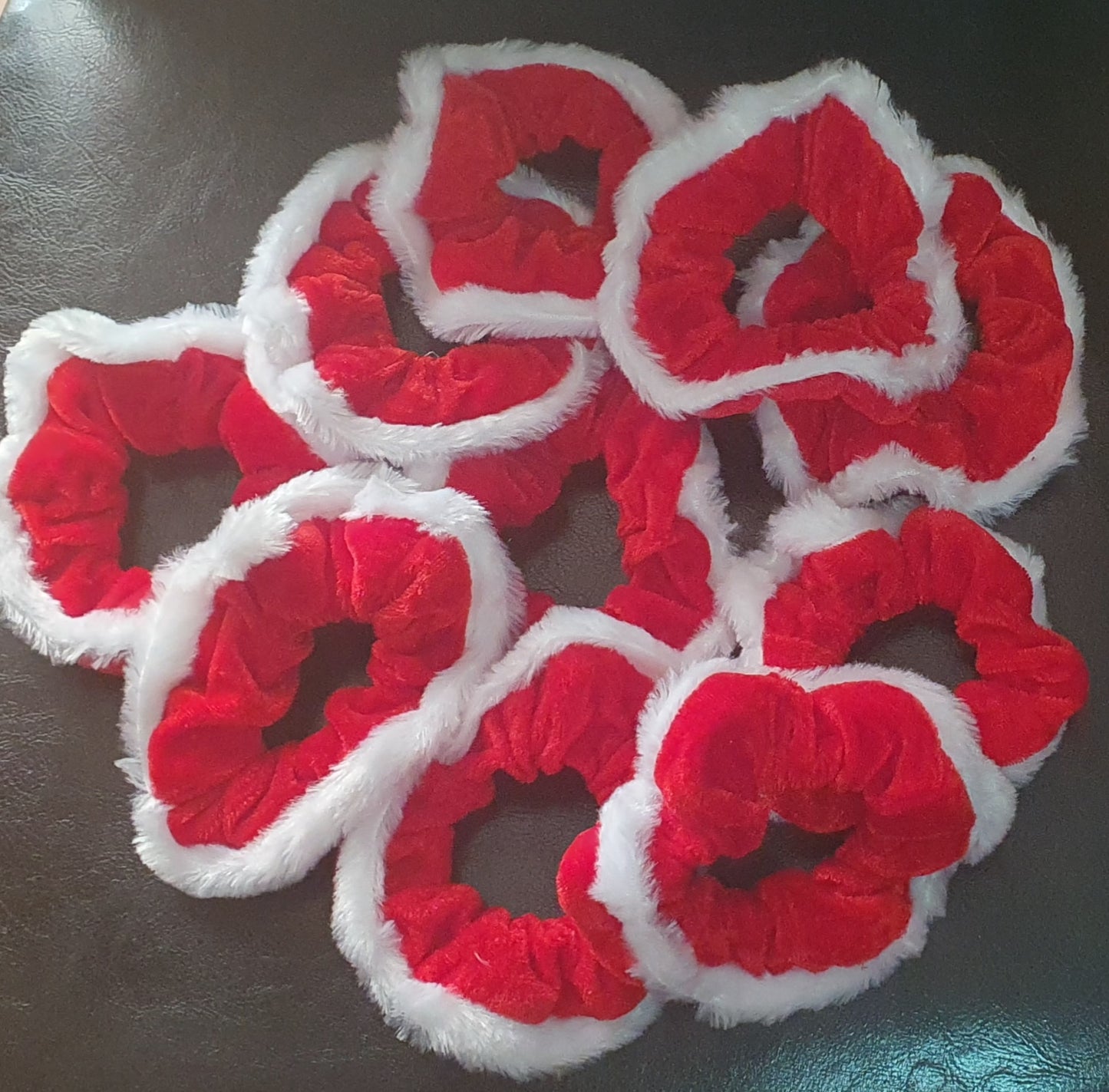 Christmas red velvet and white fluffy trim hair scrunchie