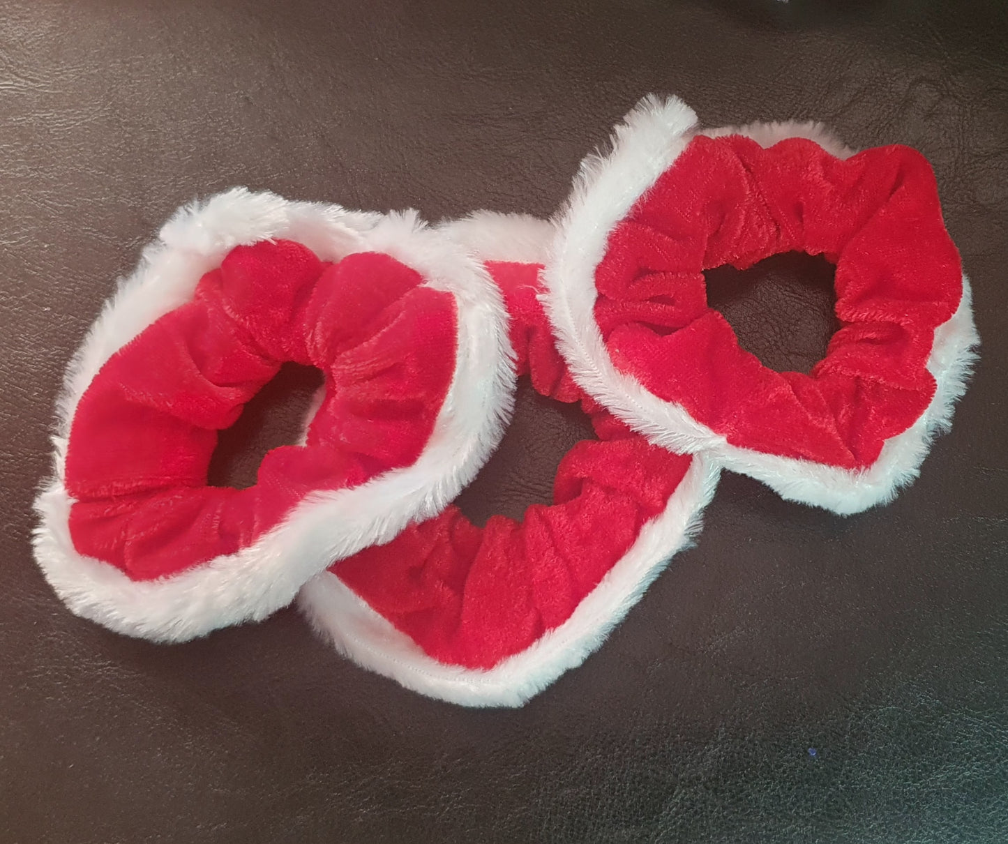 Christmas red velvet and white fluffy trim hair scrunchie