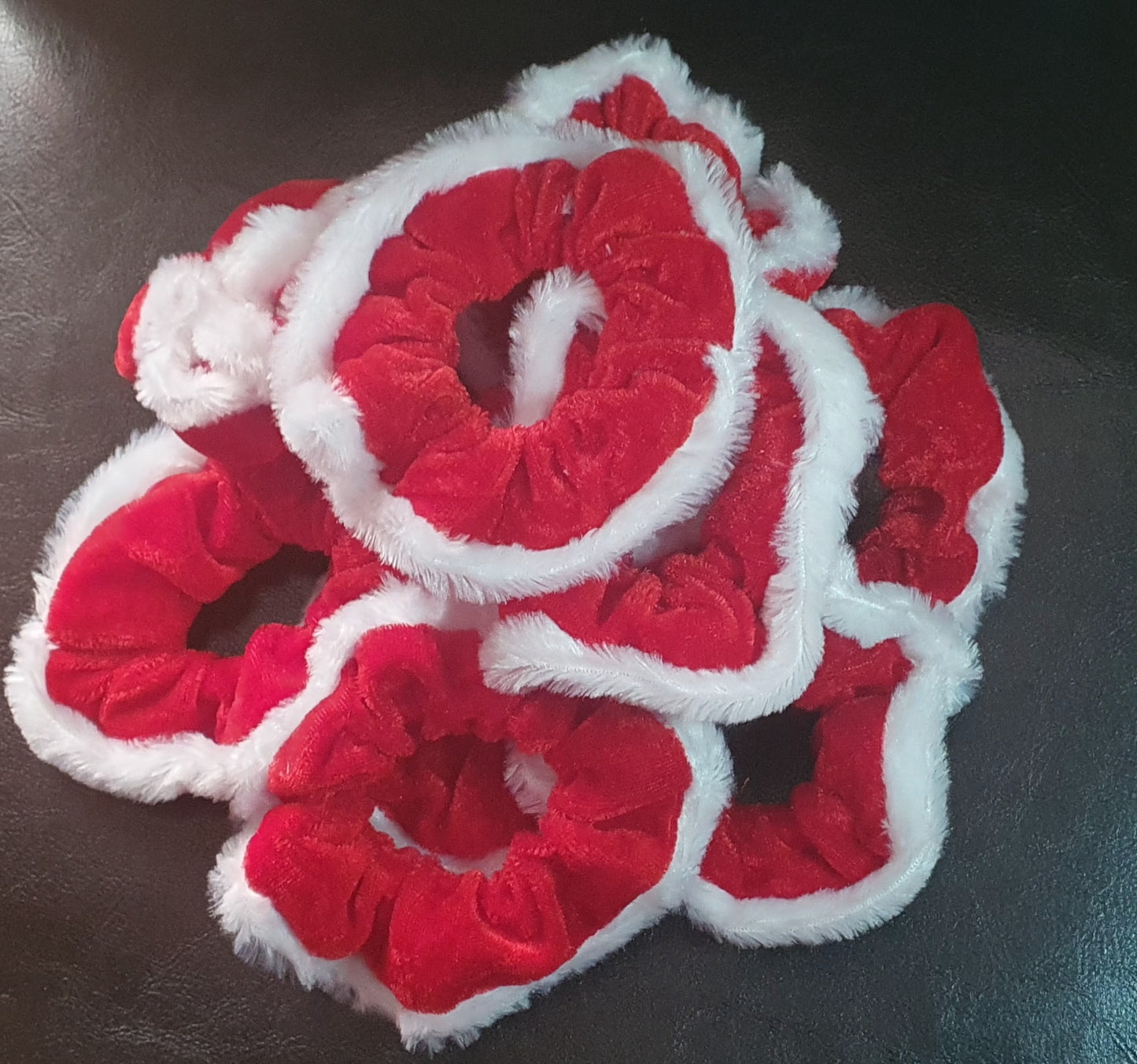 Christmas red velvet and white fluffy trim hair scrunchie