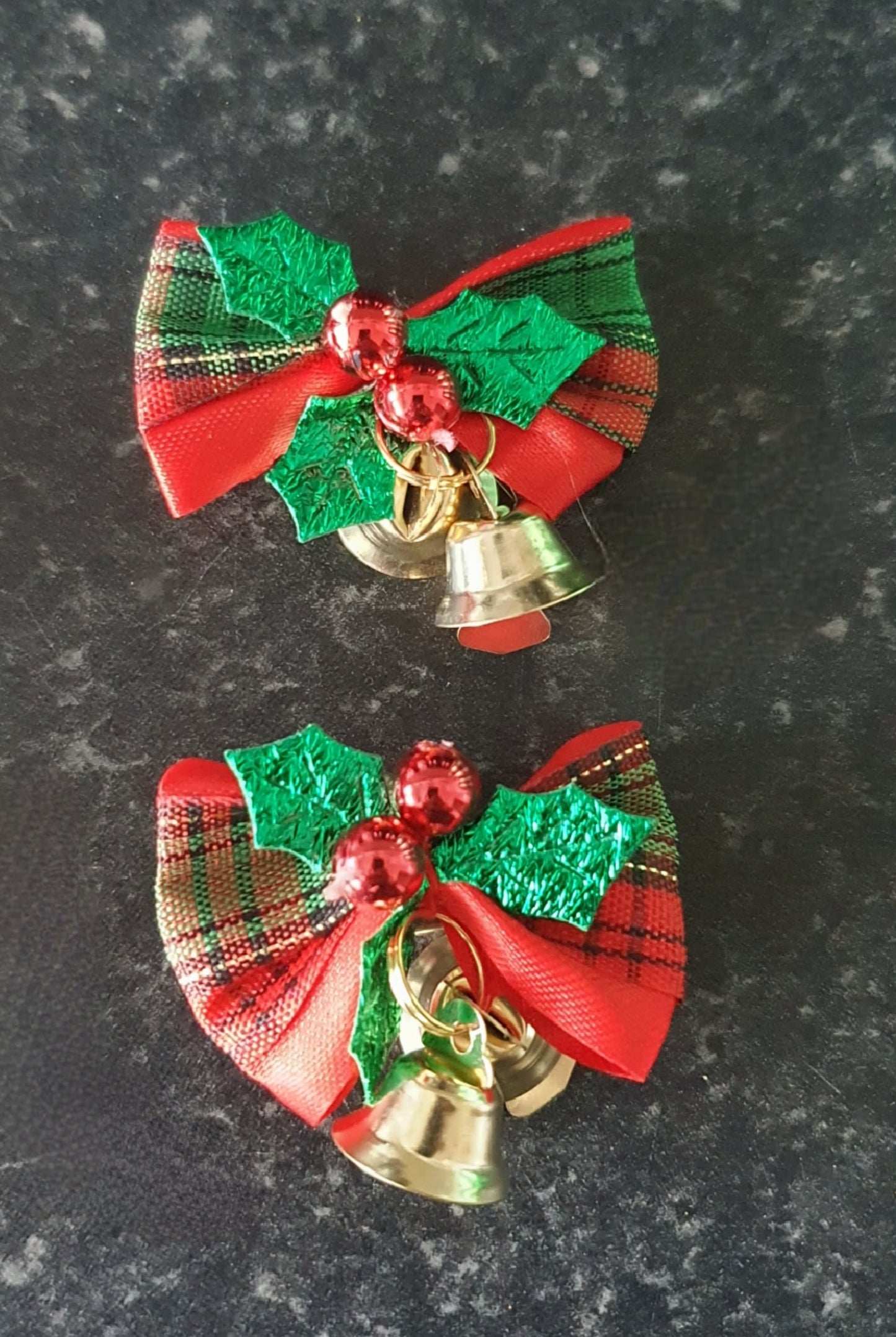 Pair of holly and bell pigtail/ponytail hair bows - with a bauble