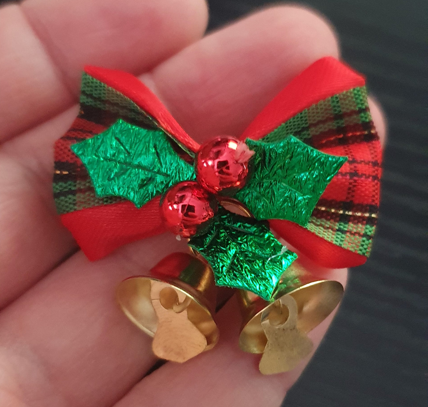 Pair of holly and bell pigtail/ponytail hair bows - with a bauble