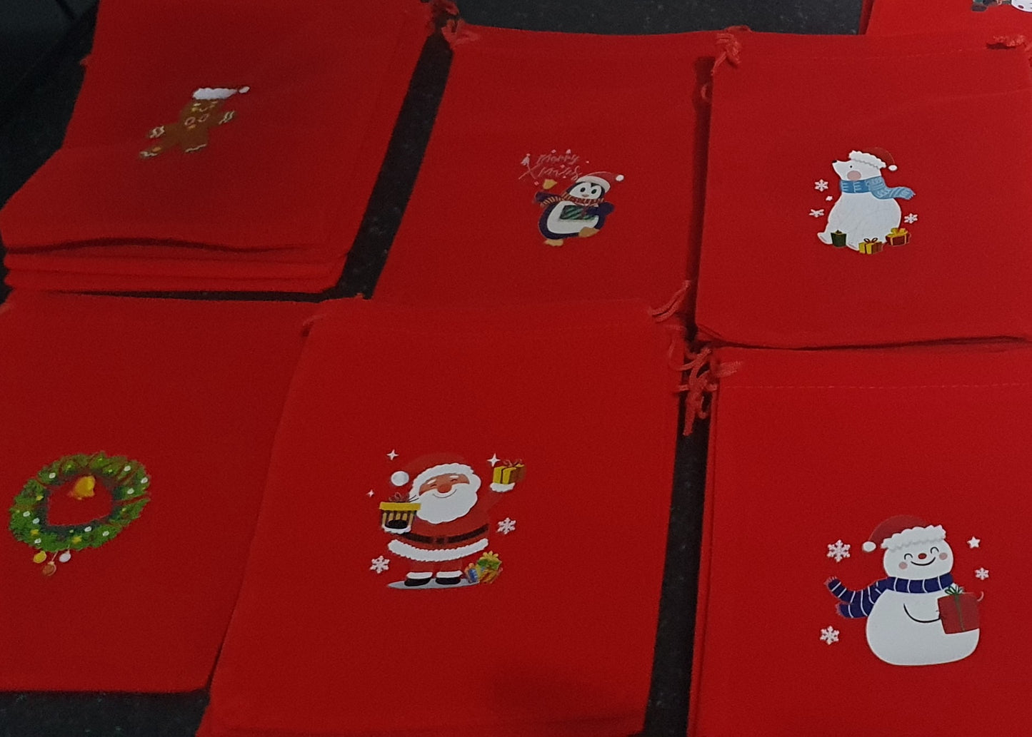 Red velvet drawstring Christmas bag pouches with images