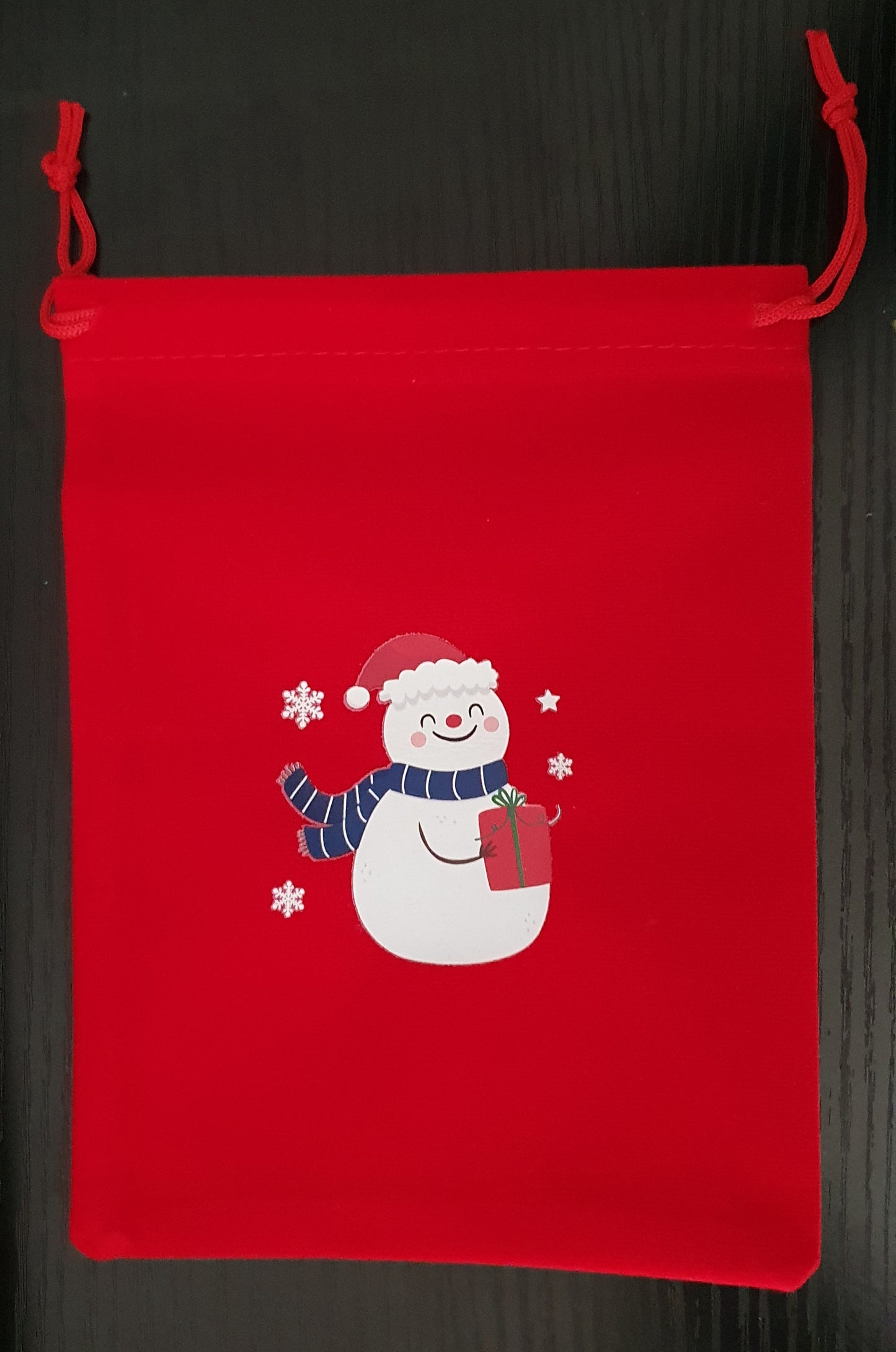 Red velvet drawstring Christmas bag pouches with images