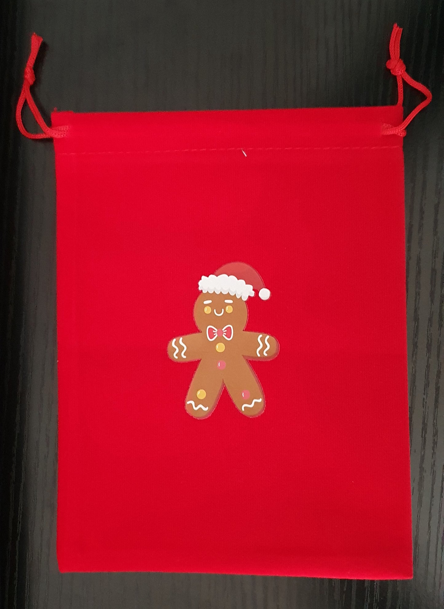 Red velvet drawstring Christmas bag pouches with images