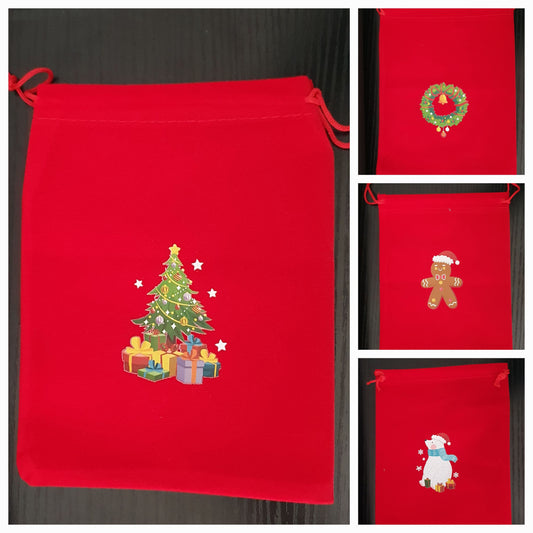 Red velvet drawstring Christmas bag pouches with images