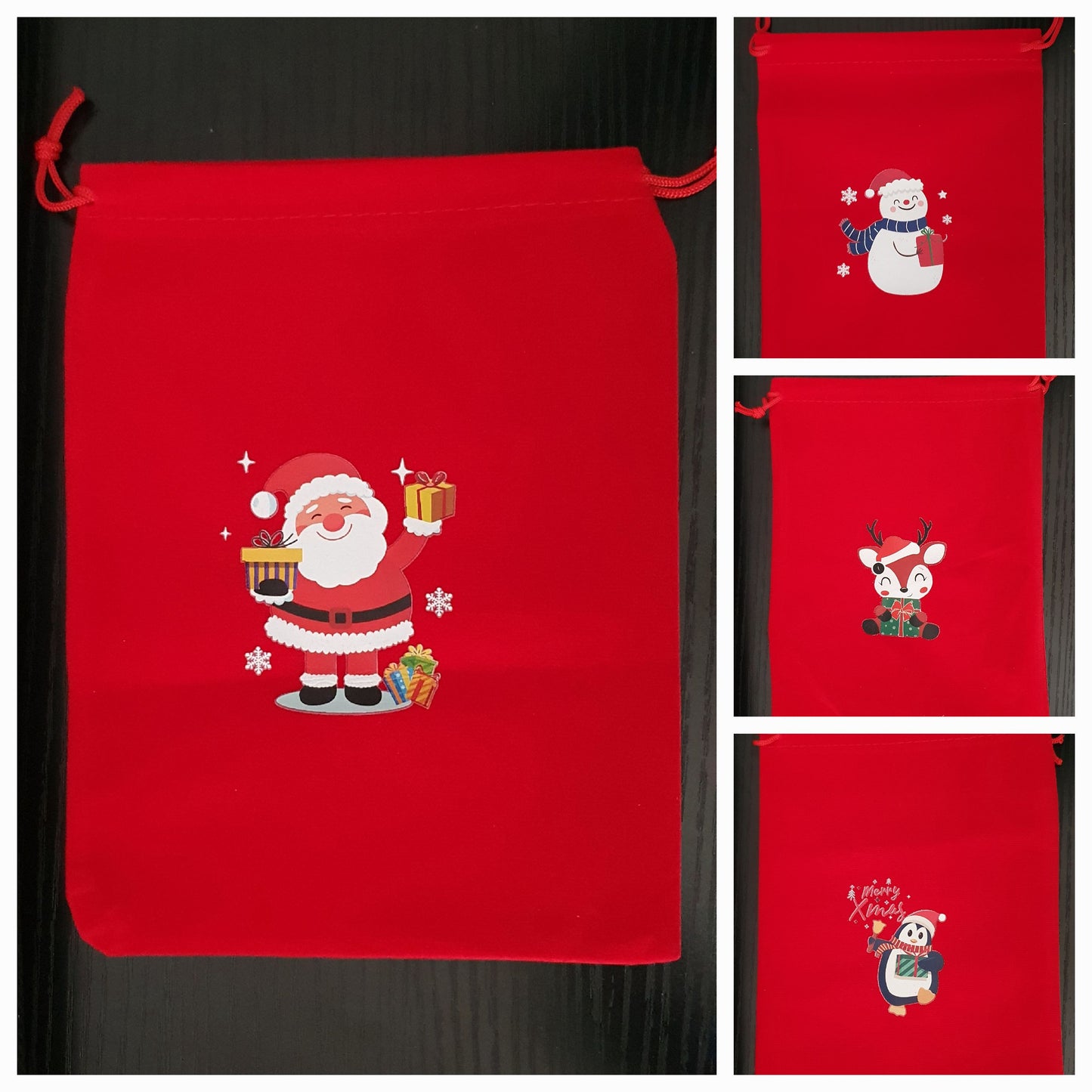 Red velvet drawstring Christmas bag pouches with images