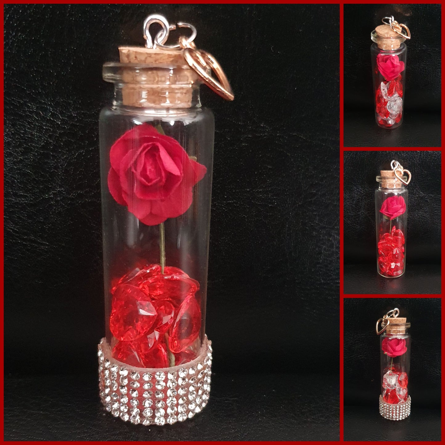 Rose and heart crystal bead glass potion bottle with heart charm