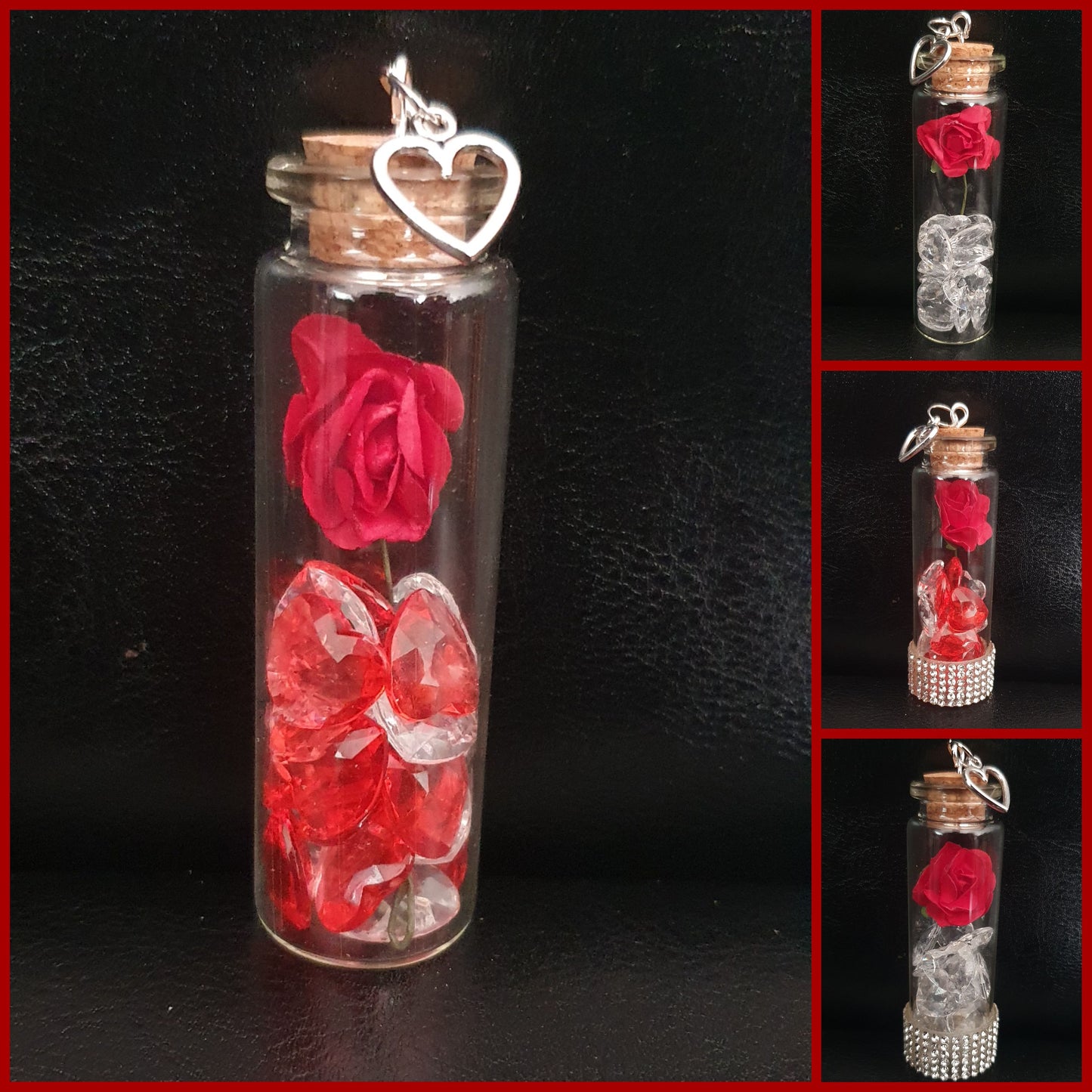 Rose and heart crystal bead glass potion bottle with heart charm