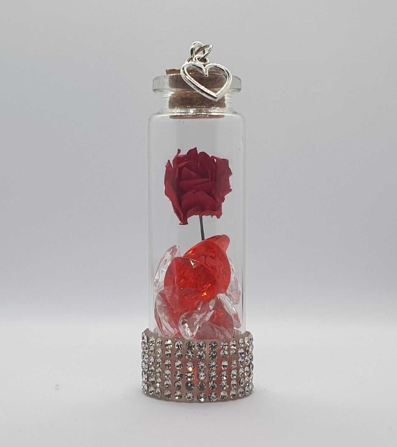 Rose and heart crystal bead glass potion bottle with heart charm