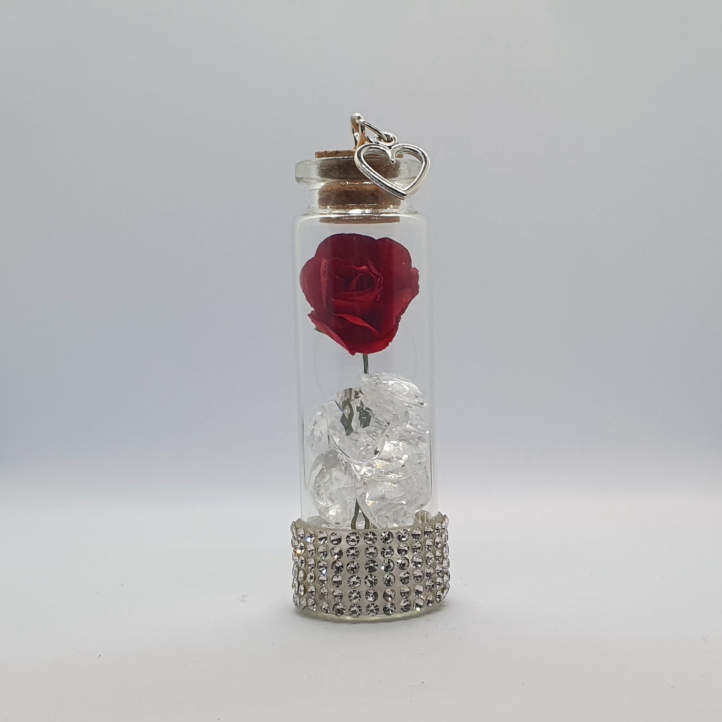 Rose and heart crystal bead glass potion bottle with heart charm