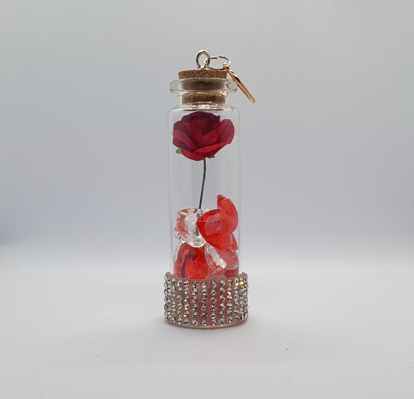 Rose and heart crystal bead glass potion bottle with heart charm