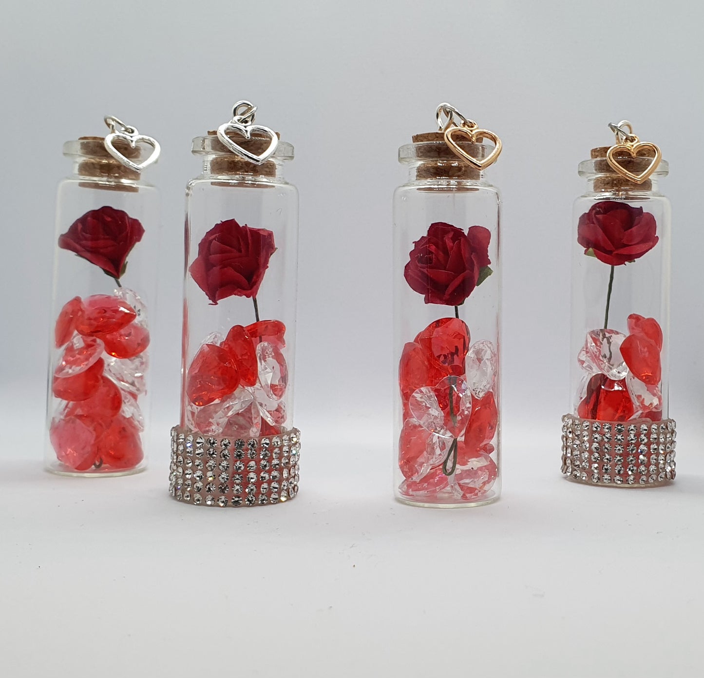 Rose and heart crystal bead glass potion bottle with heart charm