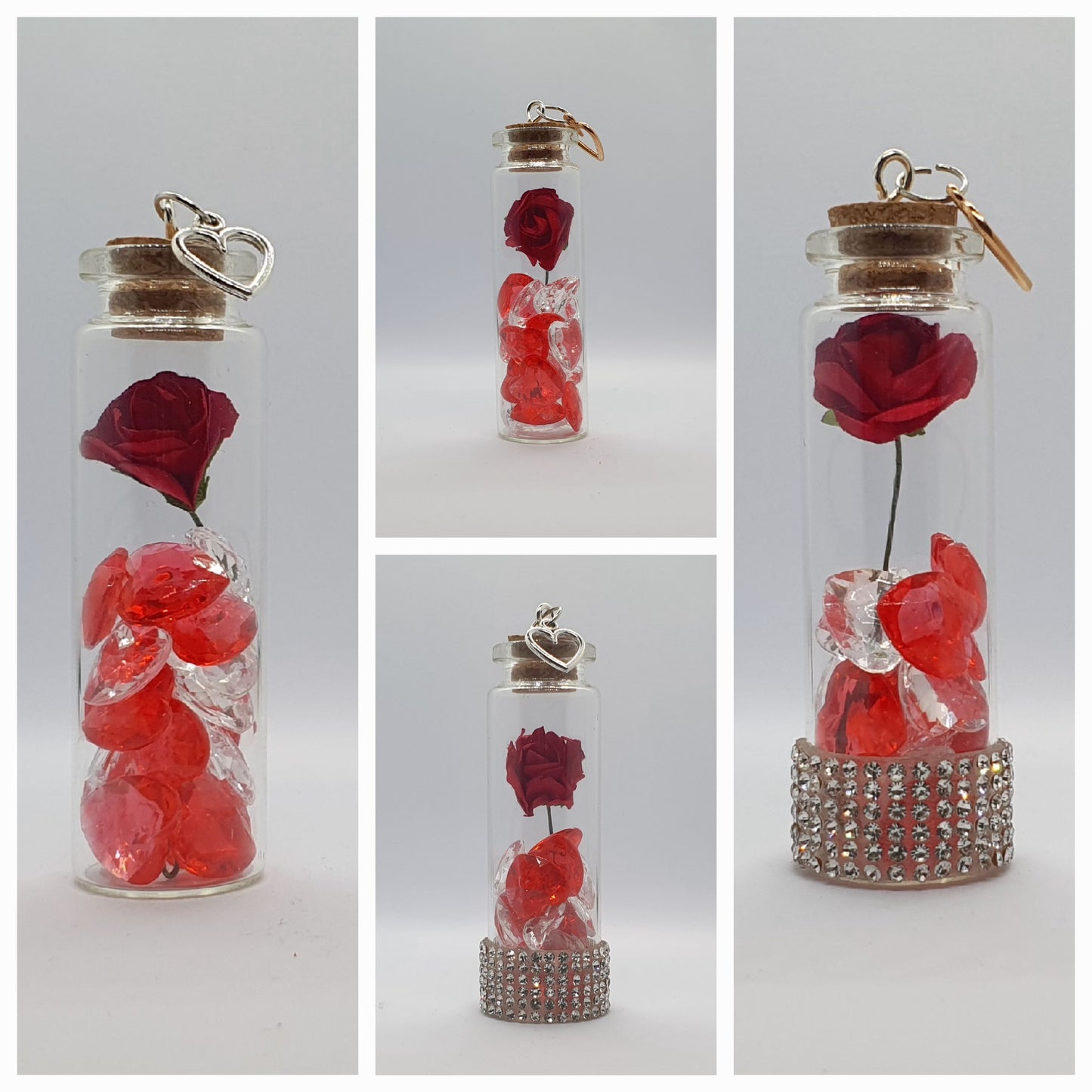 Rose and heart crystal bead glass potion bottle with heart charm