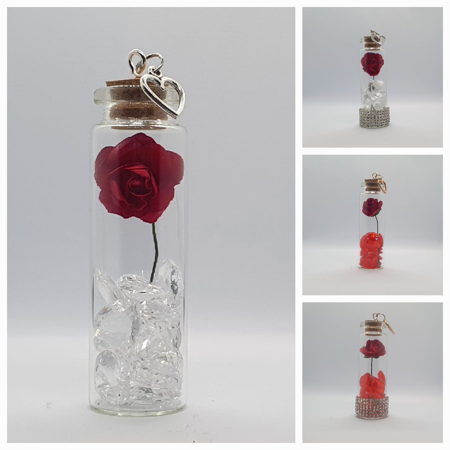 Rose and heart crystal bead glass potion bottle with heart charm