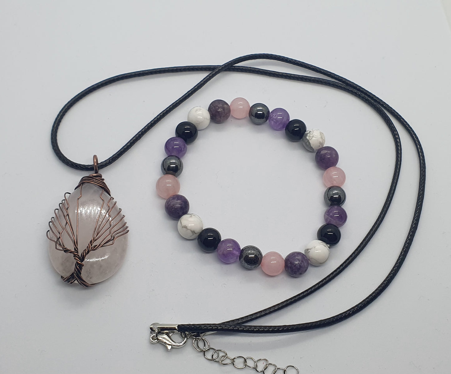 Natural gemstone necklace and bracelet set - Amethyst, Opal, Green Aventurine, Black Agate and Rose Quartz