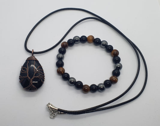 Natural gemstone necklace and bracelet set