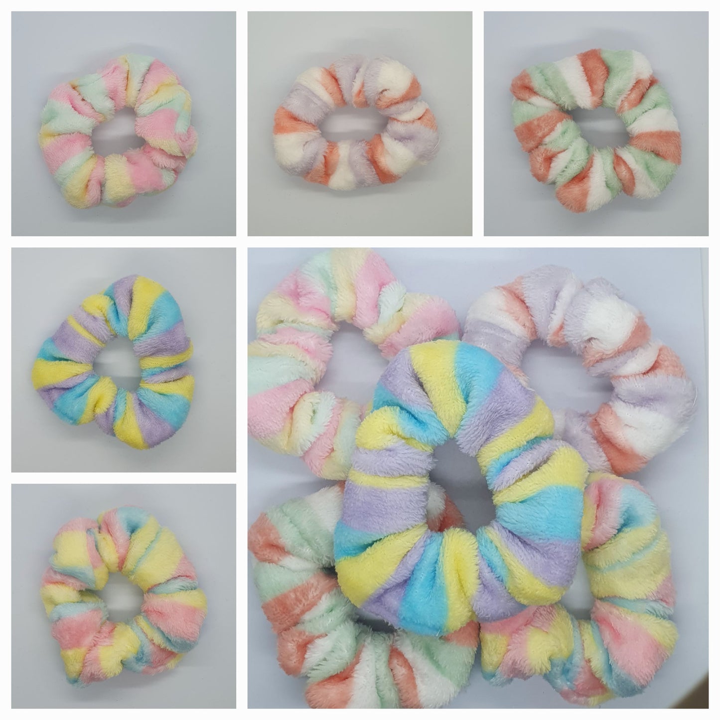 Large pastel candy stripe colourful soft and fluffy hair scrunchie bobble set of 5