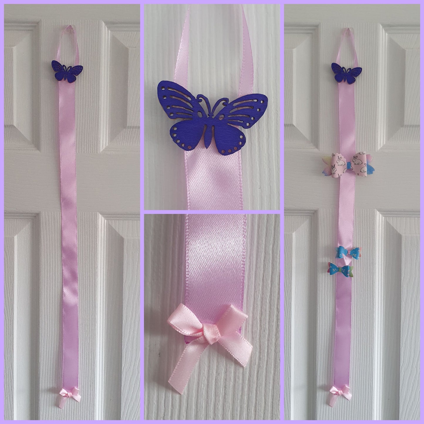 Handmade coloured wooden butterfly and ribbon hair bow/clip holder