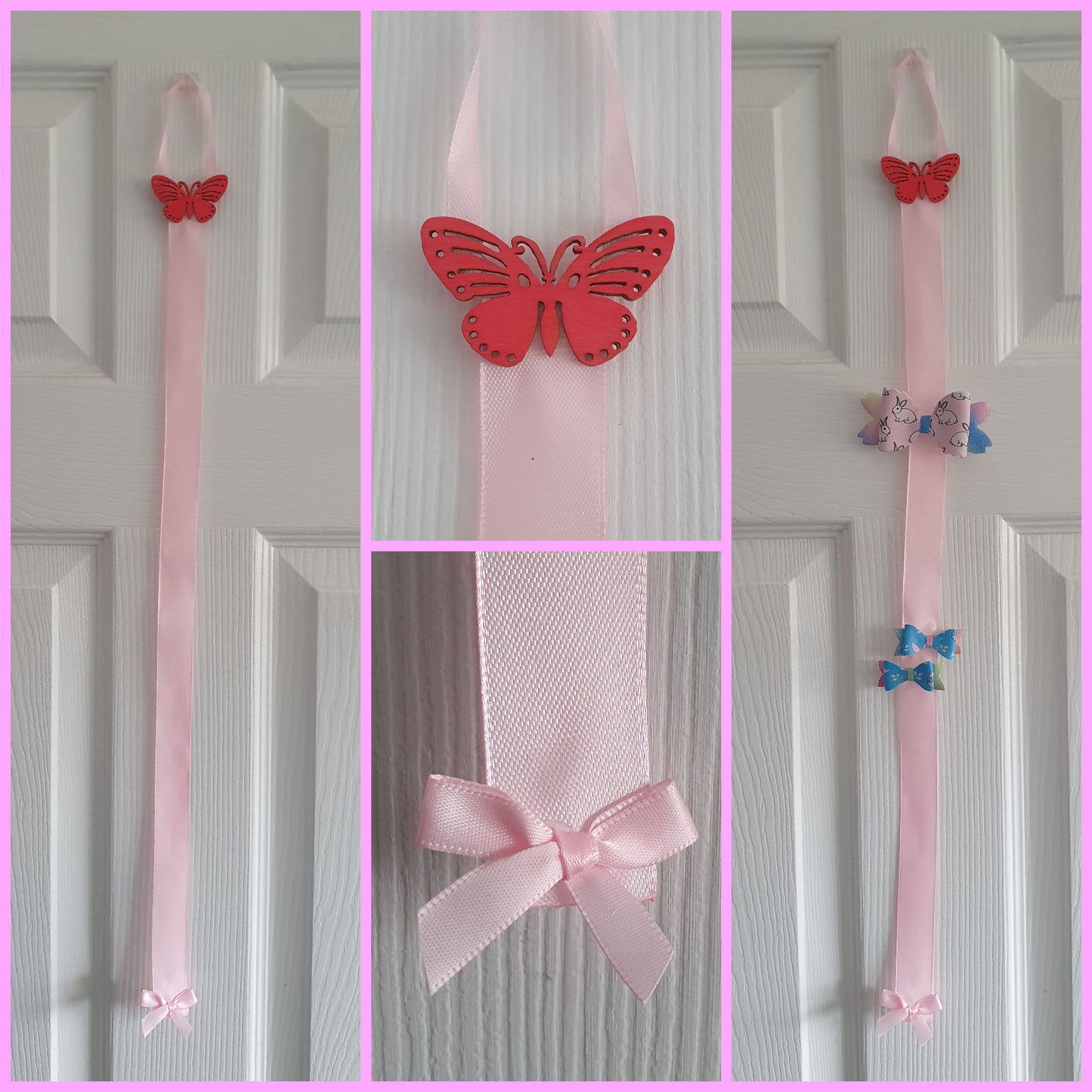 Handmade coloured wooden butterfly and ribbon hair bow/clip holder