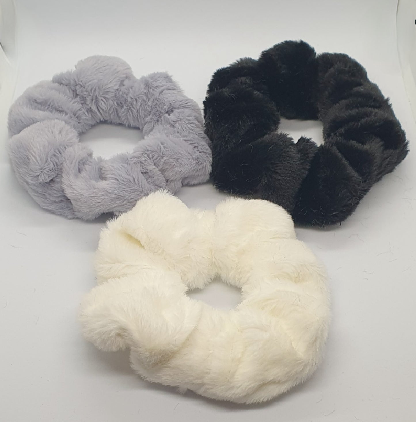 Large thick soft hair scrunchie bobble trio black grey and white