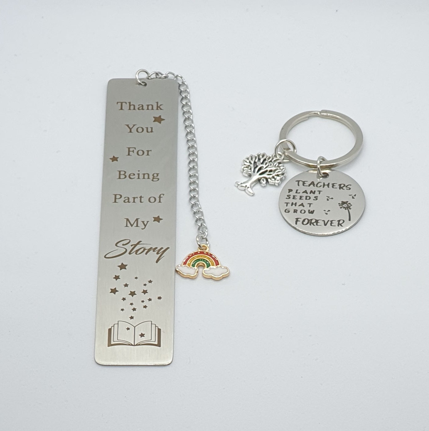 Thank you teacher stainless steel metal book mark and keyring set in a gift box