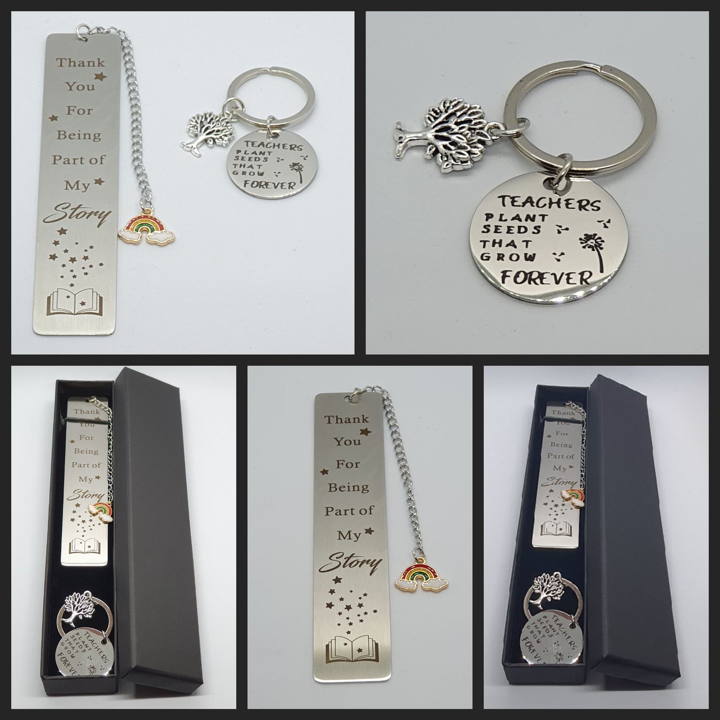 Thank you teacher stainless steel metal book mark and keyring set in a gift box