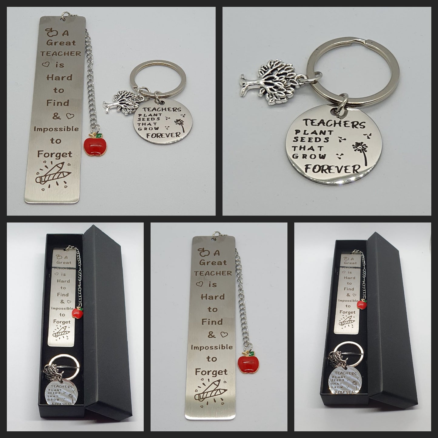 Thank you teacher stainless steel metal book mark and keyring set in a gift box