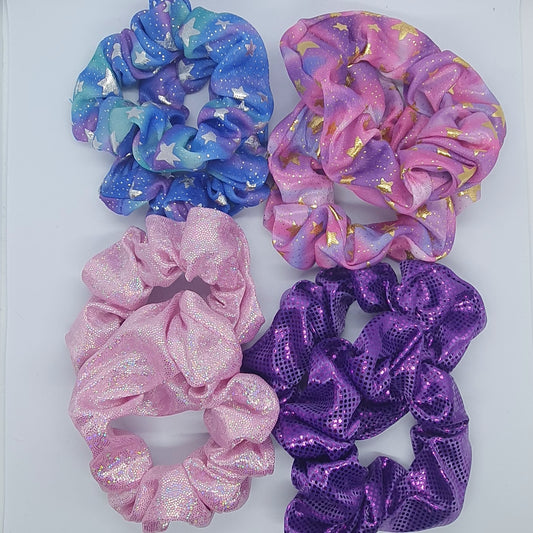 Four pairs of hair scrunchies pink purple blue stars set