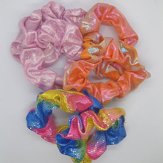 Rainbow Orange Pink shimmery shiny trio pigtail scrunchies