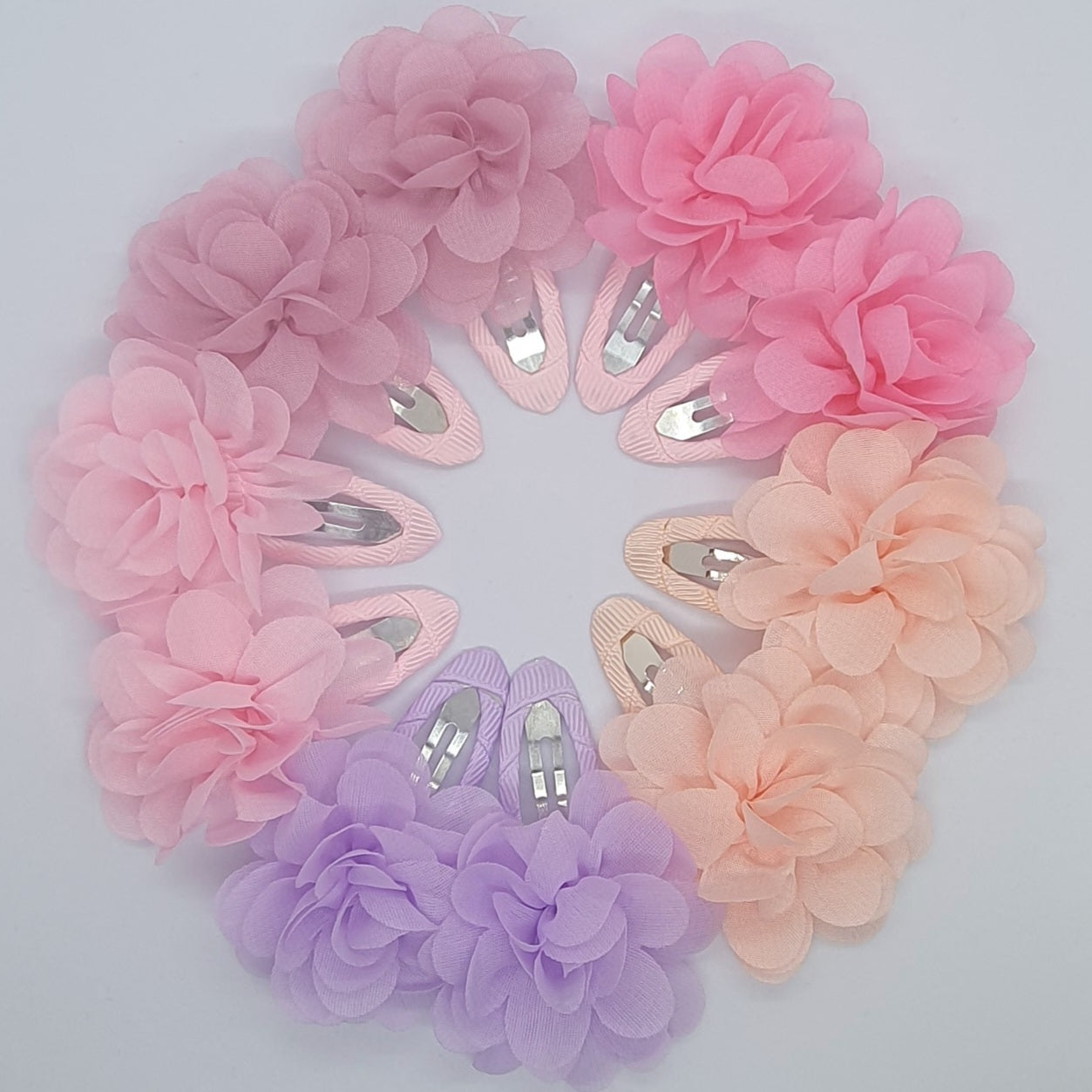 Chiffon Material 2" flower snaps clips hair accessories sets of five pairs