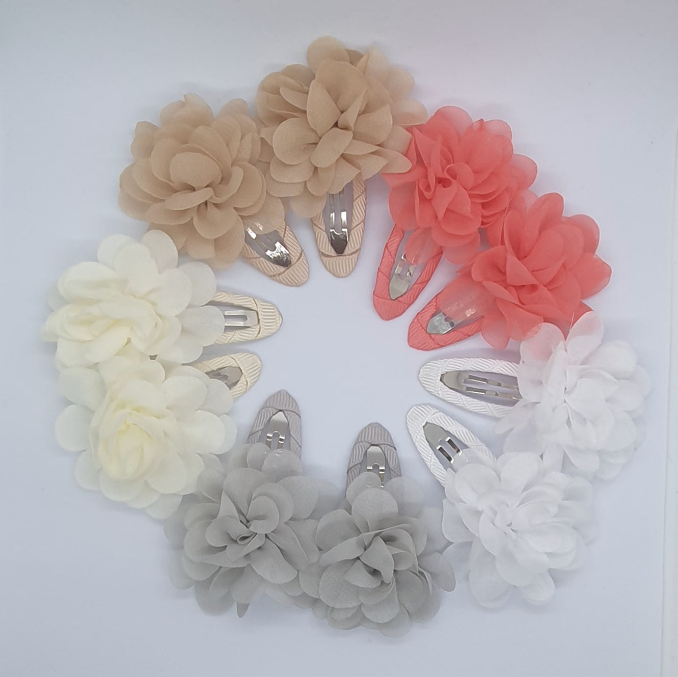 Chiffon Material 2" flower snaps clips hair accessories sets of five pairs