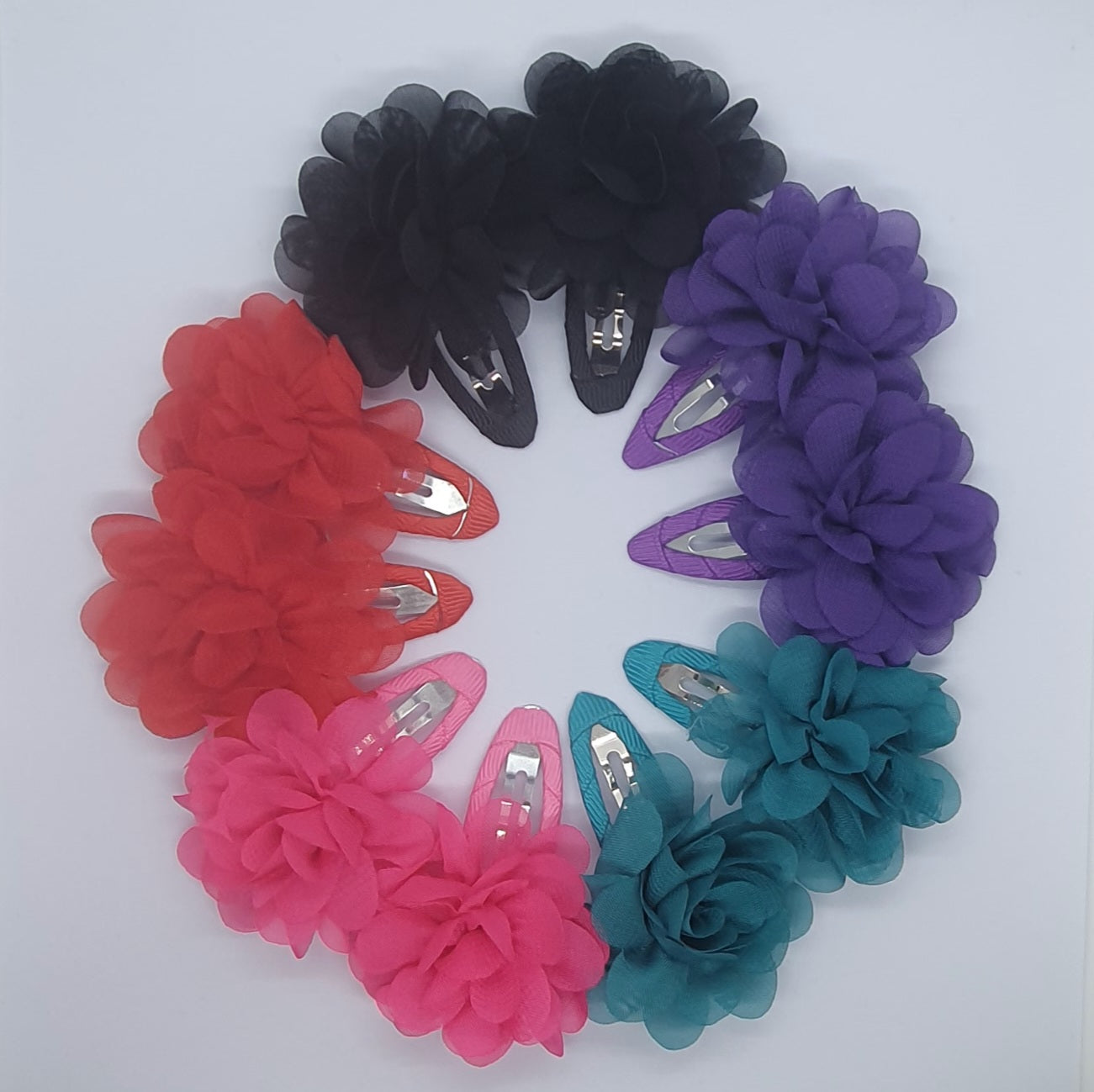 Chiffon Material 2" flower snaps clips hair accessories sets of five pairs