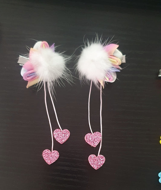 Rainbow Fluffy Pom Pom Glittery Heart Dangly Hair Clip Accessory