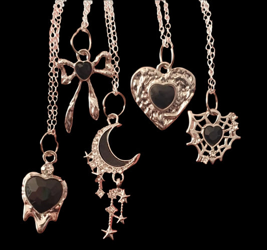 Gothic black heart moon stars webs and bows pendant necklace