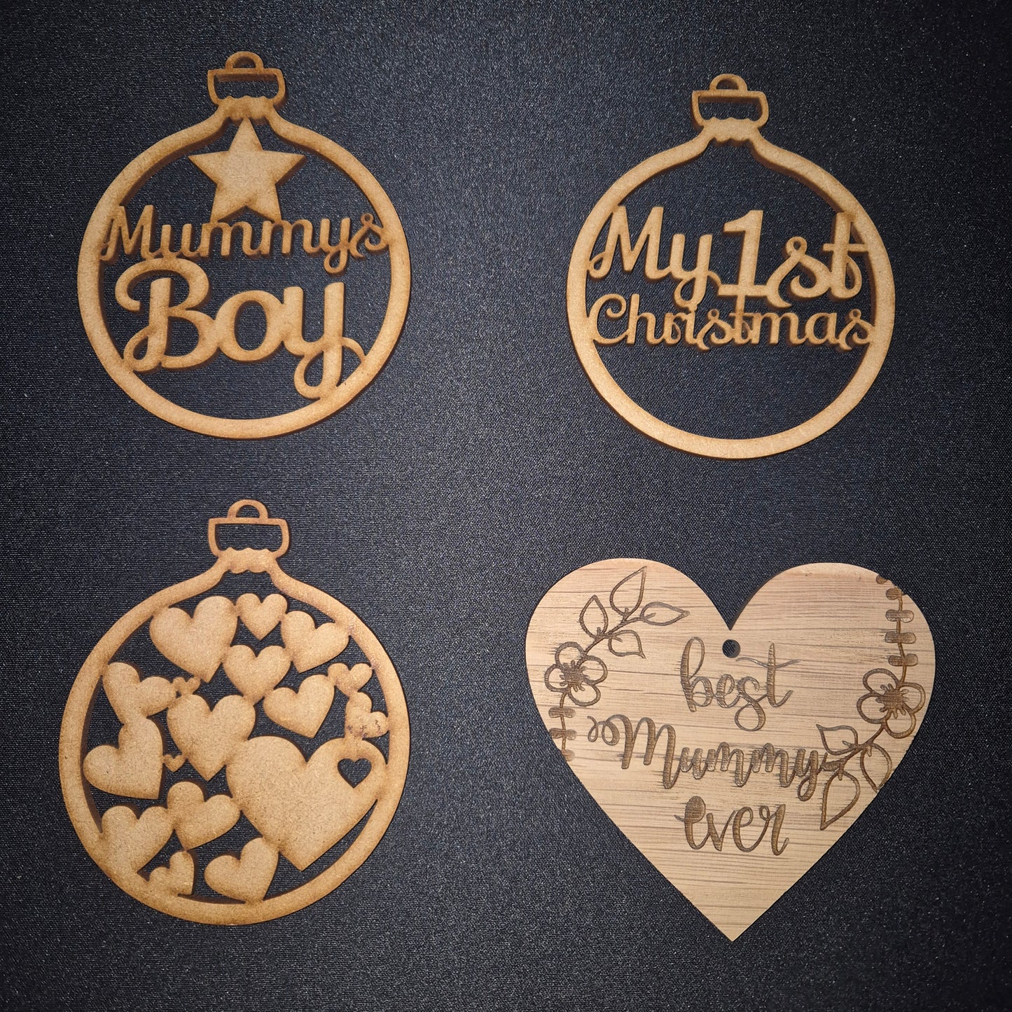 Wooden baubles heart tree and wall decorations