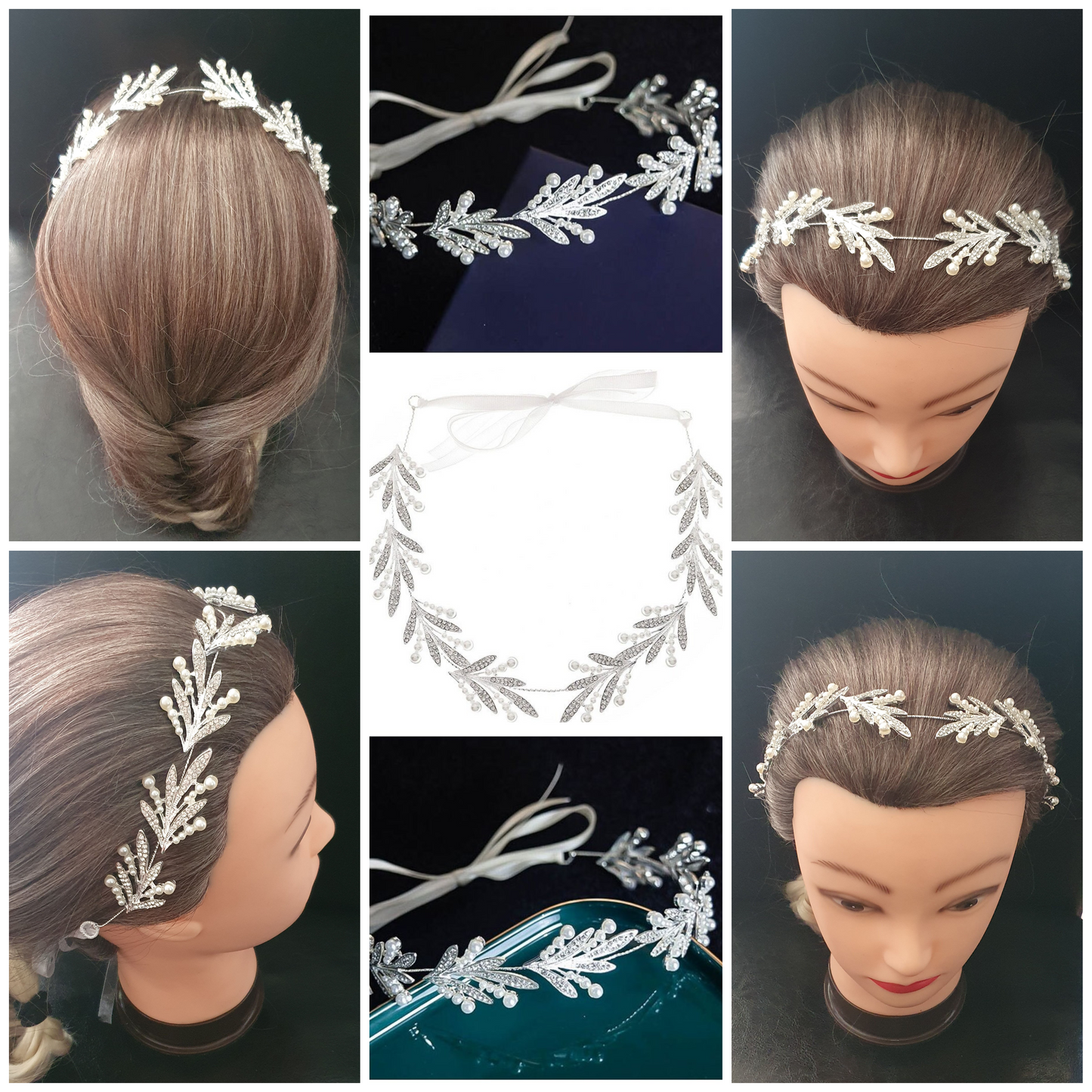 Crystal and pearl leaf bridal prom elegant headpiece