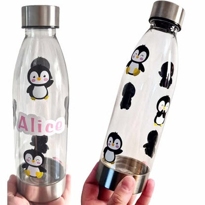 Personalised clear plastic water bottle penguin design