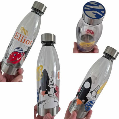Personalised clear plastic water bottle space rocket planet design