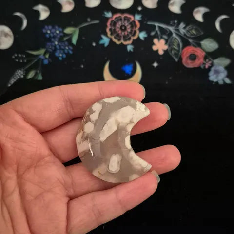 Flower Agate Crescent Moon Gemstone Carving