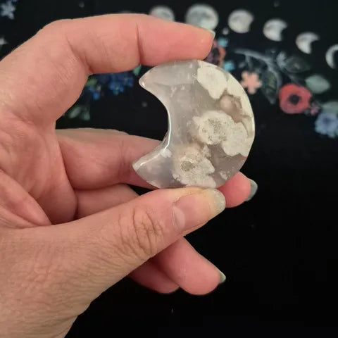 Flower Agate Crescent Moon Gemstone Carving