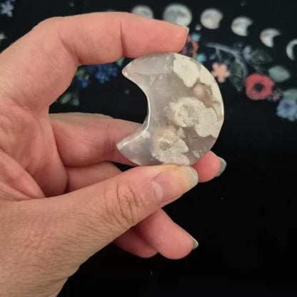 Flower Agate Crescent Moon Gemstone Carving