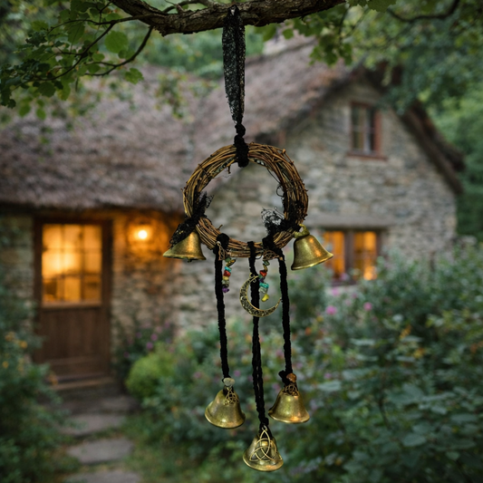 Round rattan witch bells hanging ornament with gemstones and charms